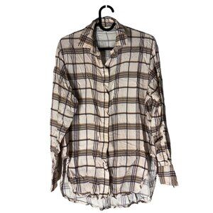 Maje Brown Blue Plaid Hi Lo Long Sleeve Button Shirt Womens Size Small